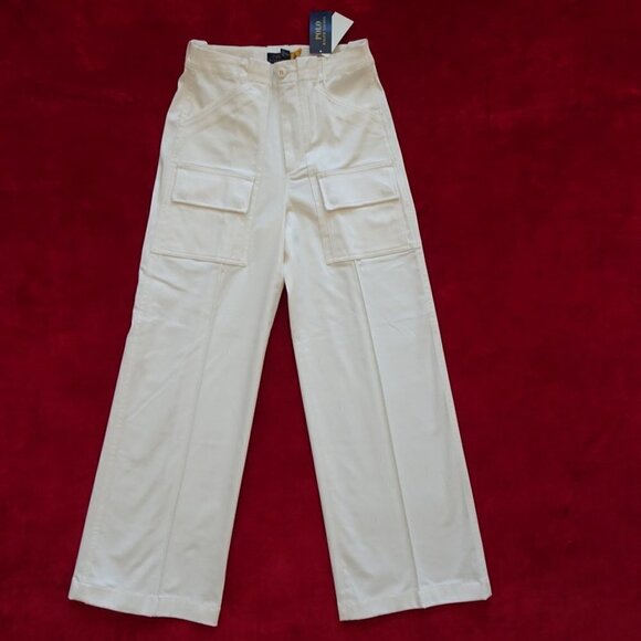 POLO RALPH LAUREN Wide Leg Pants Size 0 Ivory Cotton Blend Cargo Wear To Work - Picture 2 of 13